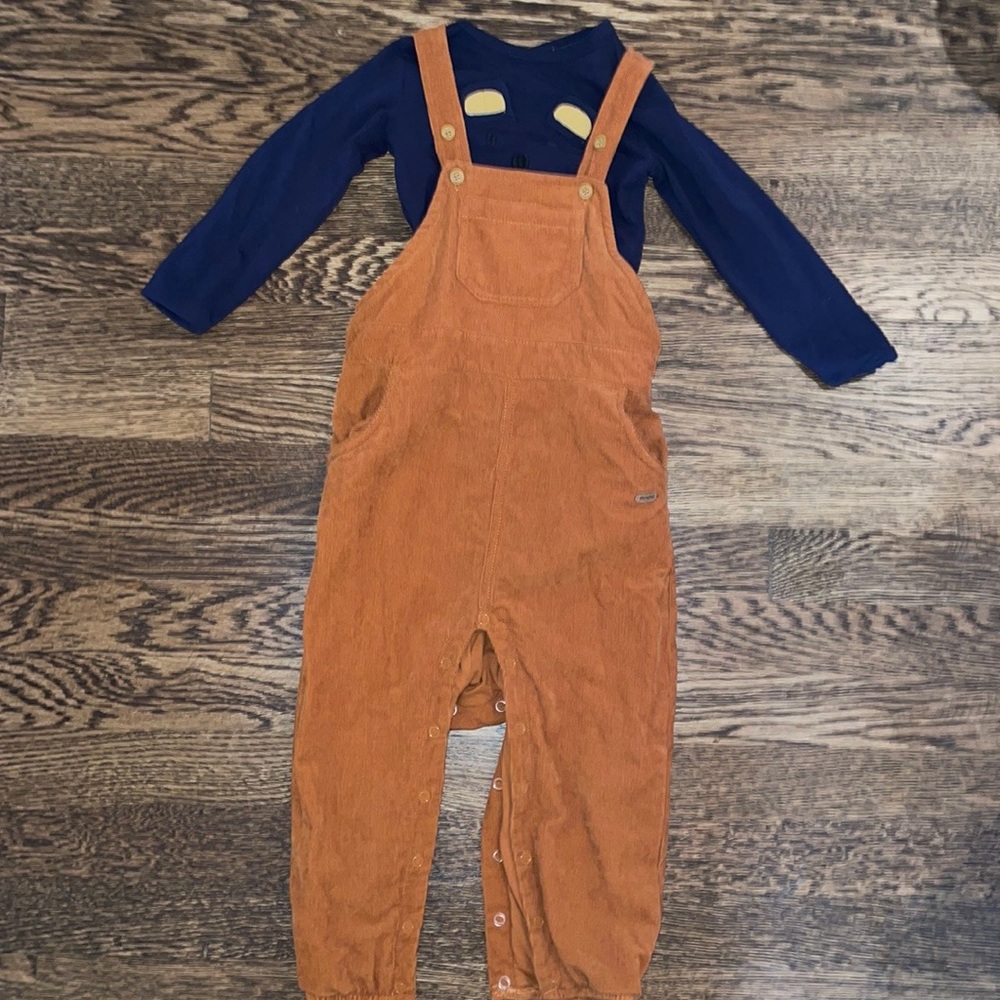 Boys tan corduroy overalls with navy blue bear face onsie